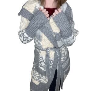 Vintage y2k Abercrombie Wool Gray Cream Patchwork Knit Long Cardigan Sweater XS